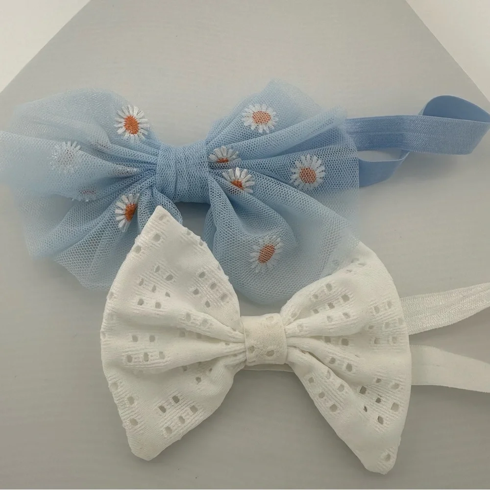 Blue and White Floral Bow Headband Set